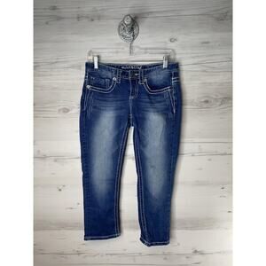 Maurices Capri Jeans Juniors 3/4‎ Blue Stretch Sequin Pockets Cropped Whiskered